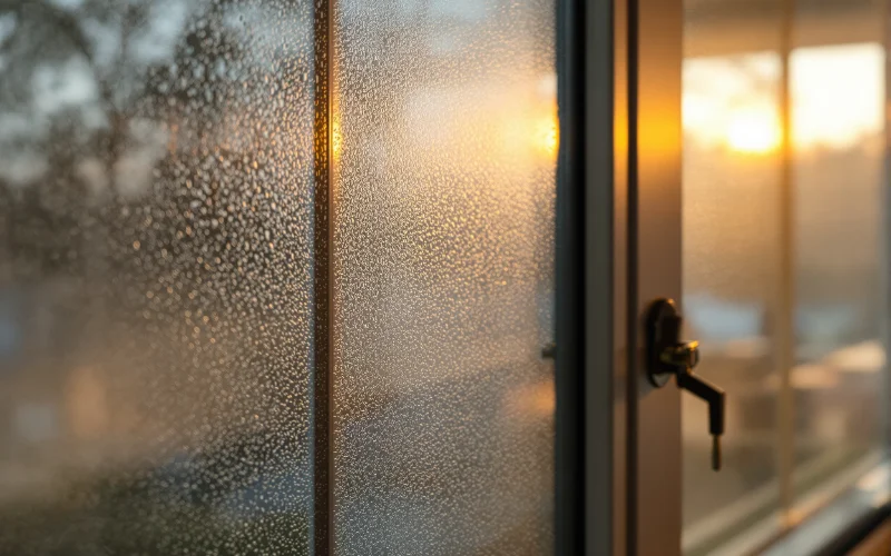 Fenêtre avec buée entre les vitres — signe d'un thermos défectueux