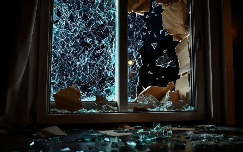 Vitre brisée la nuit — situation d'urgence dans une résidence